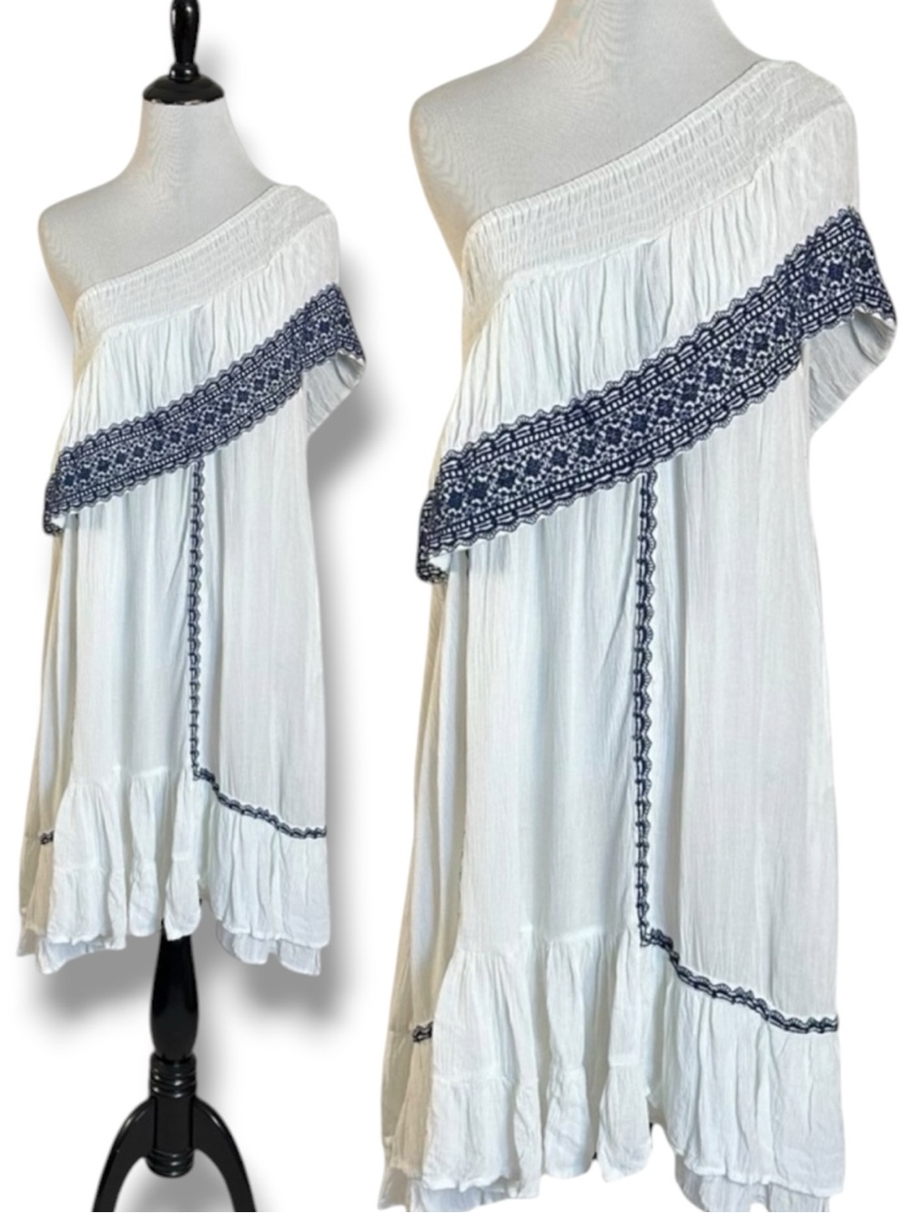 Muche & Muchette Embroidered Ruffle One Shoulder Mini Dress White One Size Beach
